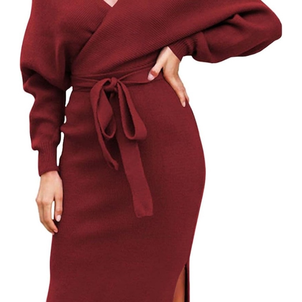 Chic Maroon Knit Wrap Dress